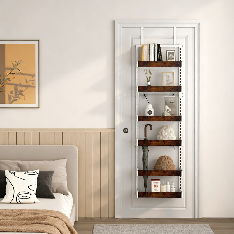 Organisateur de garde-manger au-dessus de la porte, support de rangement pour panier de cuisine réglable en bois à 6 niveaux, étagère à épices en métal robuste pour porte ou fixation murale