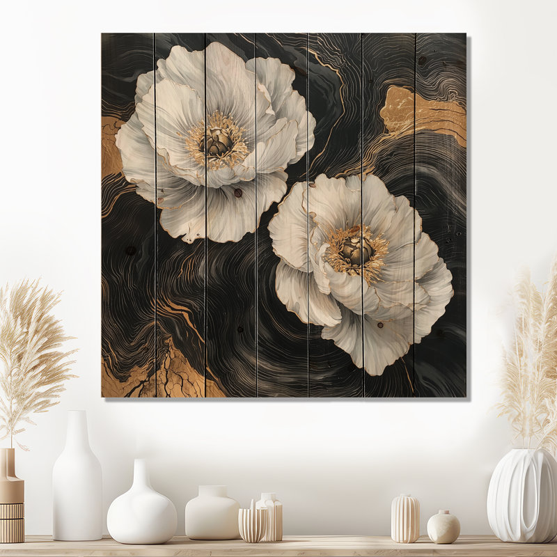 Abstract Golden Peonies On Dark Wood Slide II - Peonies Wood Wall Decor - On Natural Pine Wood, 36" H x 36" W x 0.78" D