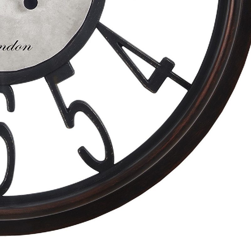 Horloge murale, cadre squelette de 16 pouces en brun antique, chiffres noirs
