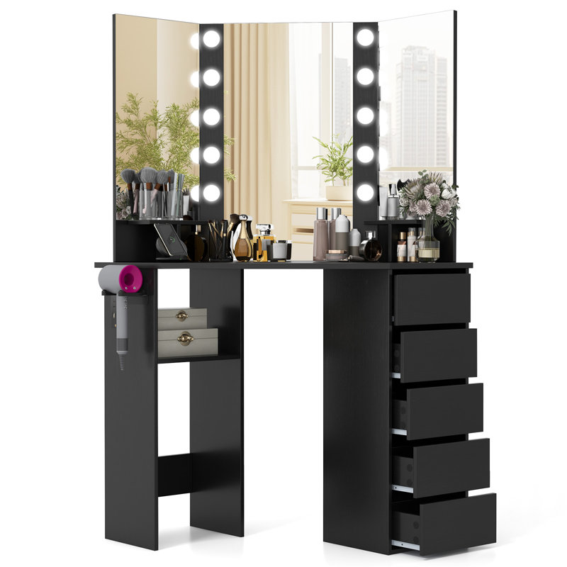 Corner Makeup Vanity Desk Makeup Dresser Table With 3 Color Lighting, Black
