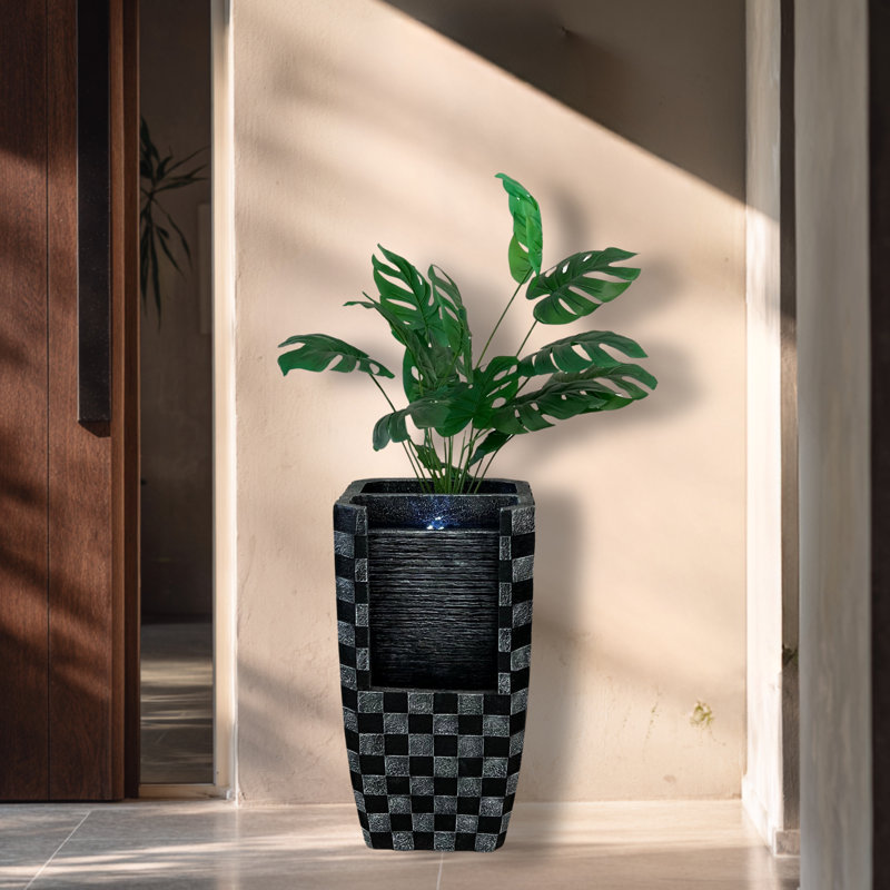 XBrand 23.8'' H Black Decorative Outdoor Water Fountain with LED Light and Integrated Planter