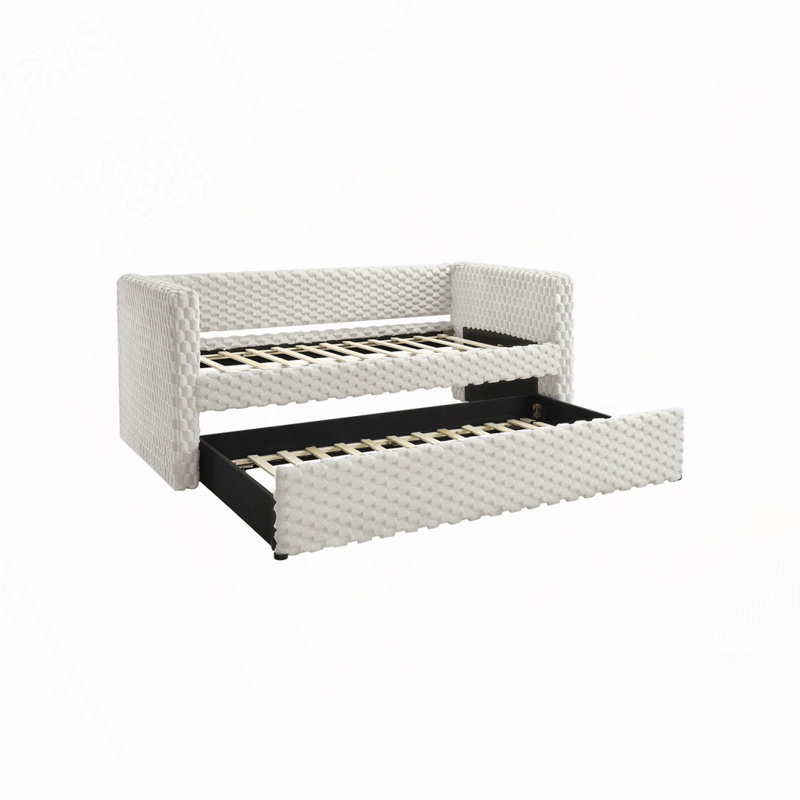 Daybed Armrest Pull Out Trundle ,Textured Fabric, White