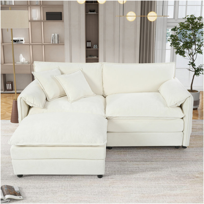 Canapé modulaire à assise profonde avec repose-pieds, siège modulaire en chenille confortable et rembourré en forme de L pour salon, appartement, bureau, bricolage, beige