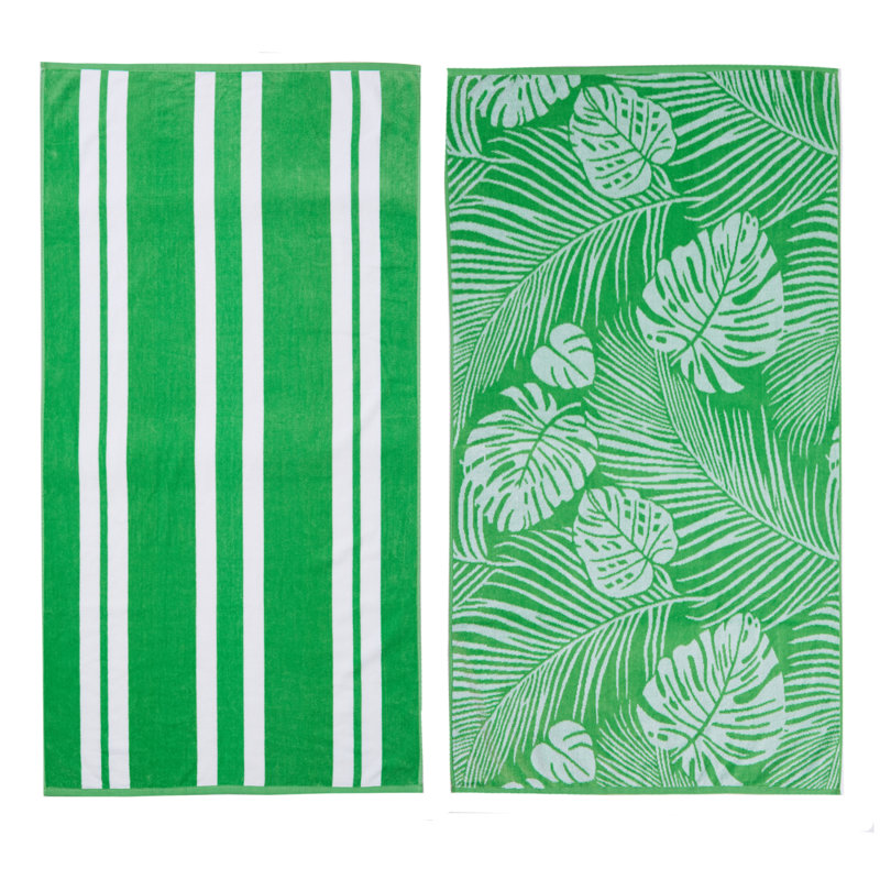 Serviettes de plage 100% jacquard 100% coton, Vert / blanc feuille de palmier et rayures