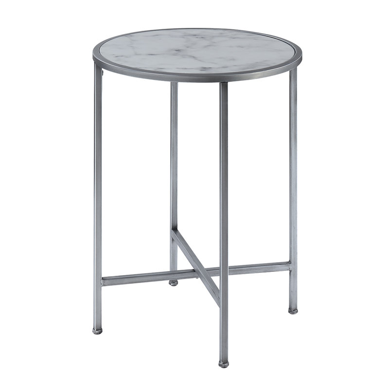 Benvolio Round End Table with Metal Frame, White Marble/Silver Frame