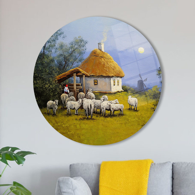 Art mural en verre fabriqué à la main mettant en vedette un village serein et un paysage animalier parfait pour la maison et le bureau