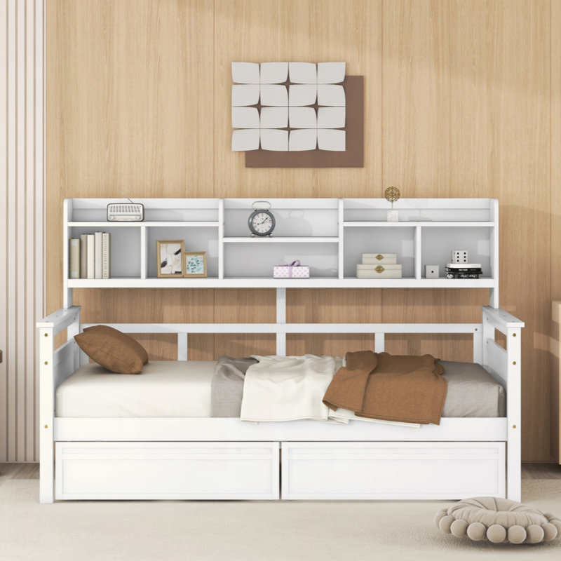 Daybed, Wood Slat Support, With Bedside Shelves And Two Drawers, Twin, White