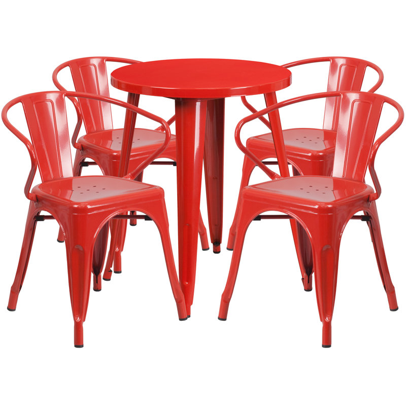 Cordele 24'' Round Metal Indoor-Outdoor Table Set with 4 Arm Chairs, Red, 29" H x 24" W x 24" L