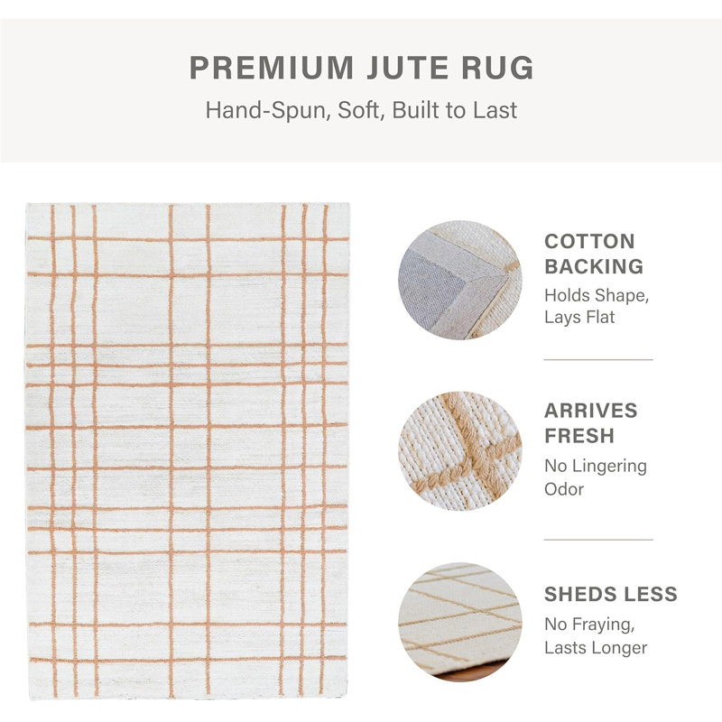 Faye Jute Checkered Area Rug / White & Brown Natural Rugs for Living Room with Cotton Backing, Rectangle 2' x 3'