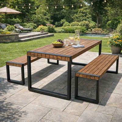 3-Piece Indoor & Outdoor Dining Set, Acacia Wood Top Table with 2 Benches & Steel Frame, Natural