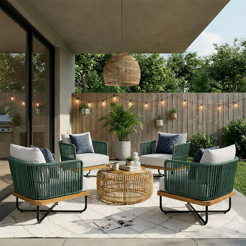 Dominic Outdoor Acacia Wood Rope Woven Club Chairs, Beige, Green
