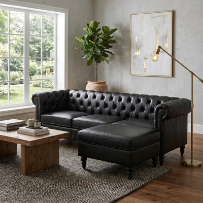 Canapé modulaire en forme de L à quatre places en U de 85 po avec repose-pieds avec rangement, canapé en cuir de polyuréthane modulaire avec dossier capitonné, accoudoirs courbés décorés de rivets et pieds en bois de bouleau massif pour le salon