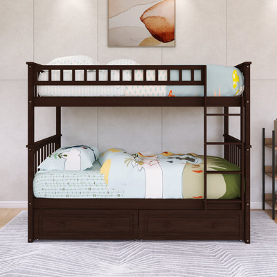 Wood Frame Twin Over Twin Size Bunk Bed With Drawers