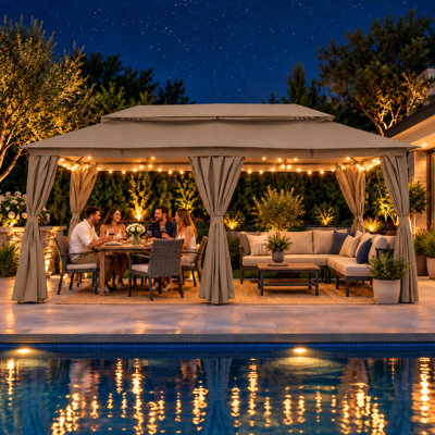 10 Ft W x 20 Ft D Steel Frame Soft-Top Patio Gazebo, Double Roof Canopy