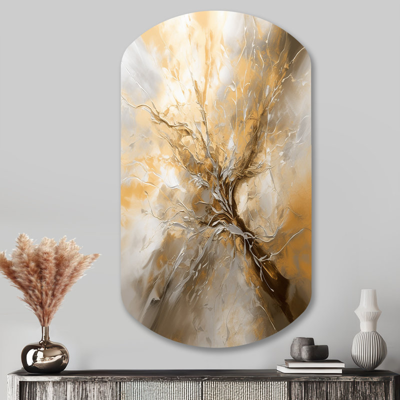 Or et argent chromatique Essence I - Cylindre abstrait en métal, sculpture murale asymétrique, H 43 po x l 23 po x P 1 po