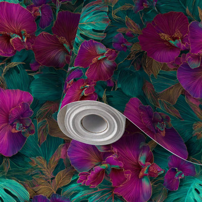 Papier de contact à peler et coller Orchidées tropicales botaniques vibrantes Heliconias auto-adhésives et amovibles 17,7 po x 118 po (45 x 300 cm)