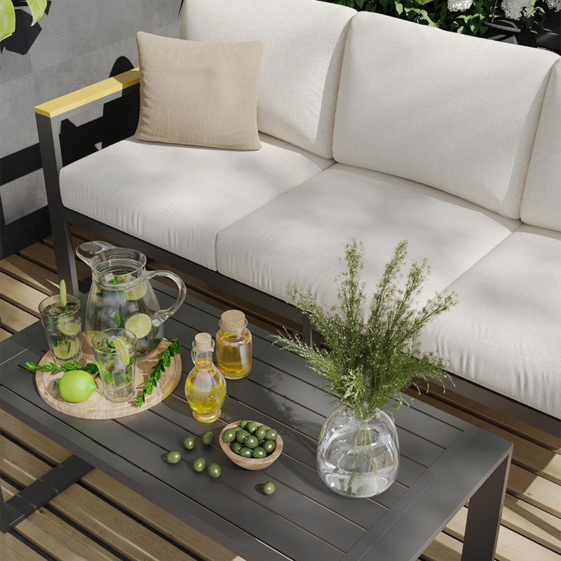 Ensemble de conversation de patio 4 pièces en aluminium avec table basse, canapé d'extérieur 5 places avec coussins lavables pour balcon, jardin, terrasse, cour