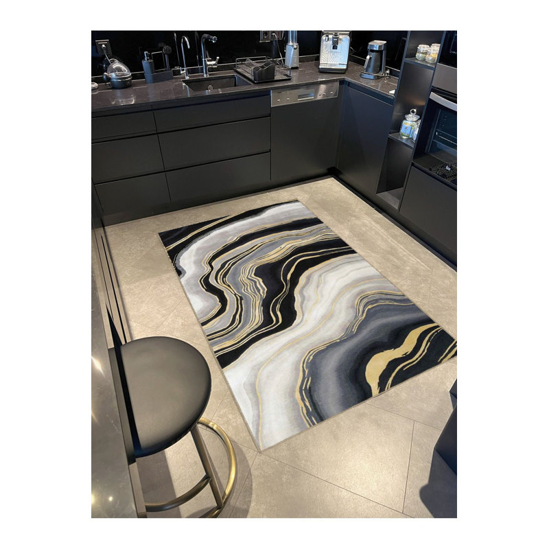 Tapis noir lavable à motif ondulé abstrait, Sous-tapis rectangulaire 5 pi 1 po x 7 pi 7 po inc