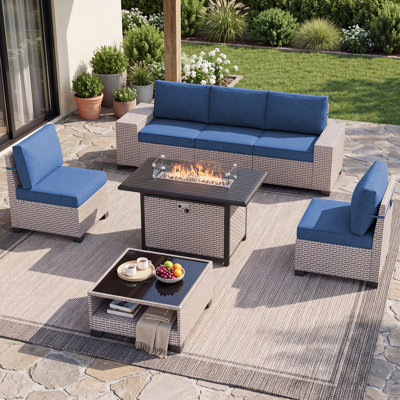 Ensemble de conversation pour l'extérieur avec rangement, ensembles de mobilier de patio en osier 7 pièces, ensemble de conversation modulaire pour 5 personnes avec coussins, mobilier d'extérieur et de patio, noir
