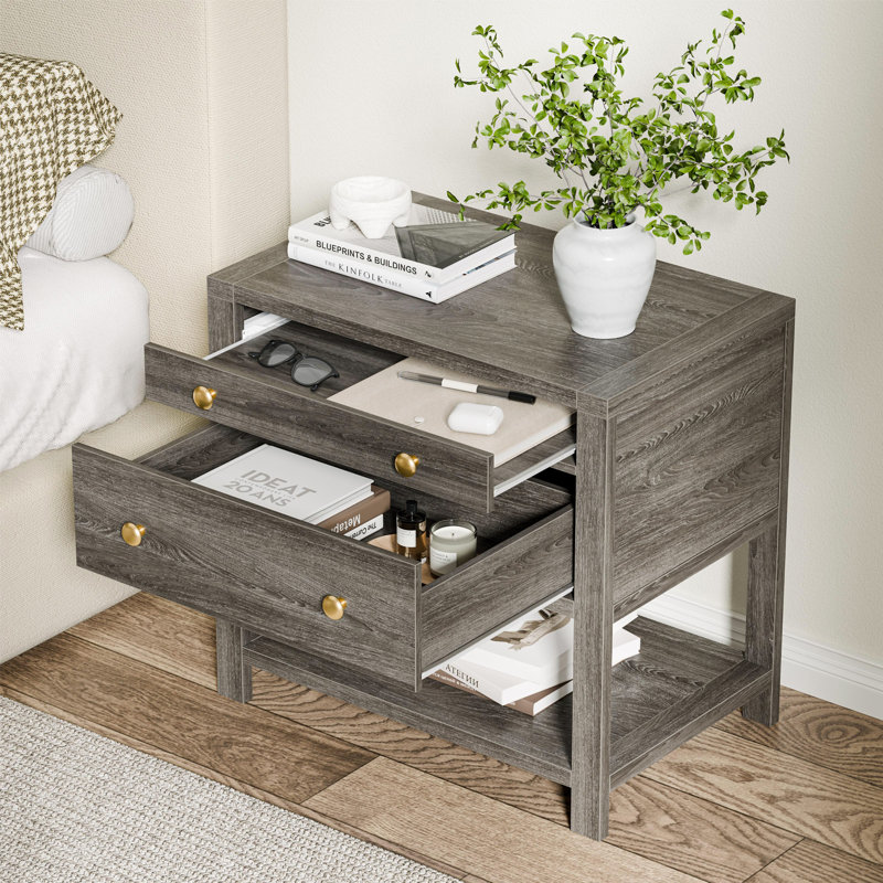 Table de chevet 25 po avec tiroir, tablette et plateau coulissant Avelyn, Gris, 2