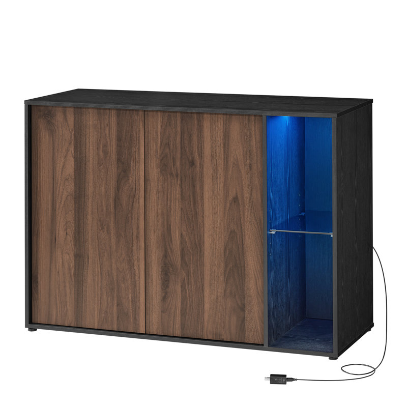 SONGMICS HOME Walery Superfast Toolless Assembly Cabinet With Lighting And Glass Shelf, Ink Black/Natural Walnut 