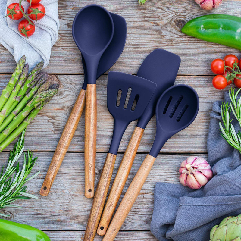 Non-Stick Cooking Utensils, Silicone Kitchen Utensils Set With Natural Acacia Hard Wood Handle, 5 Piece, Midnight Blue