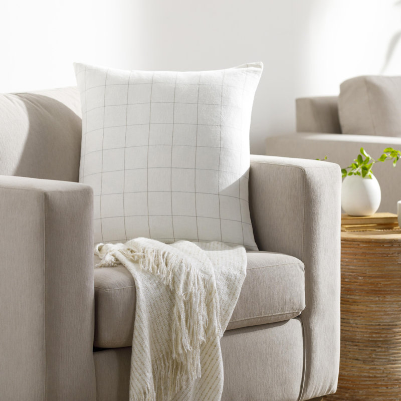 22" White Linen and Cotton Embroidered Throw Pillow