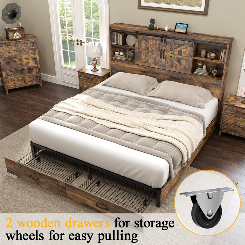Rustic Brown Queen Wood Platform Bed with Bookcase Headboard and Storage