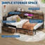 Structure de lit simple d'angle avec rangement, station de charge et lumière DEL RVB | Structure de lit plateforme en métal avec 2 tiroirs de rangement, bureau réglable et tête de lit bibliothèque pour enfants, adolescents, brun