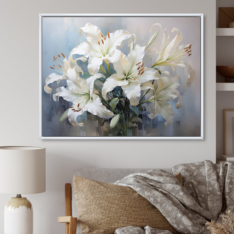 Lys blancs en fleurs - Art mural lys, H 30 po x l 40 po x P 1,5 po, Cadre flottant blanc