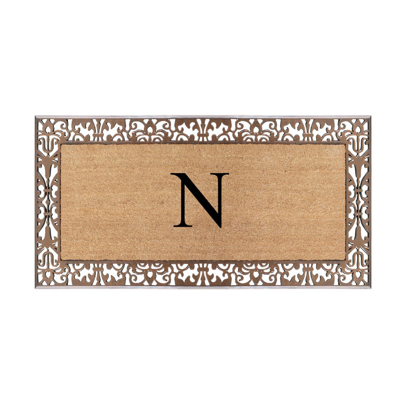 Dyari Natural Coir & Rubber Paisley Border Monogram Non-Slip Door Mat, 30"x60", Bronze, Heavy-Duty Low-Profile Outdoor Front Porch