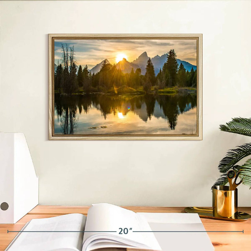 Coucher de soleil spectaculaire sur Grand Teton, Cadre flottant en bois naturel, 13 po x 9 po