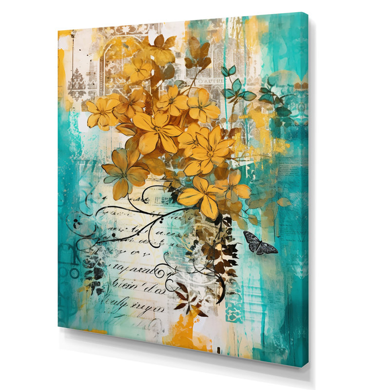 Fleurs jaunes sur turquoise, Toile tendue, H 32 po x l 24 po x P 1 po