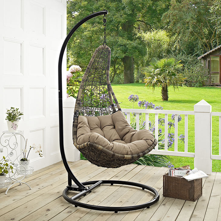 Black Mocha Wicker Rattan Outdoor Hanging Swing Chair with Stand