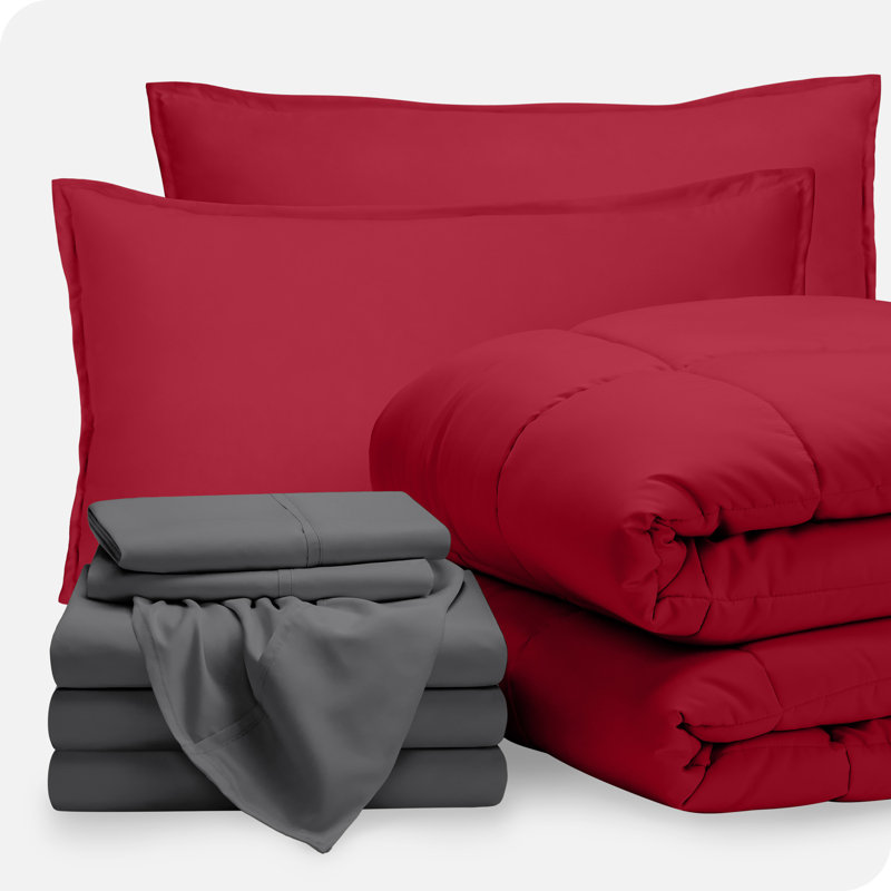 Microfiber Bed-In-A-Bag, Red/Gray, Split Queen Comforter + 7 Additional Pieces