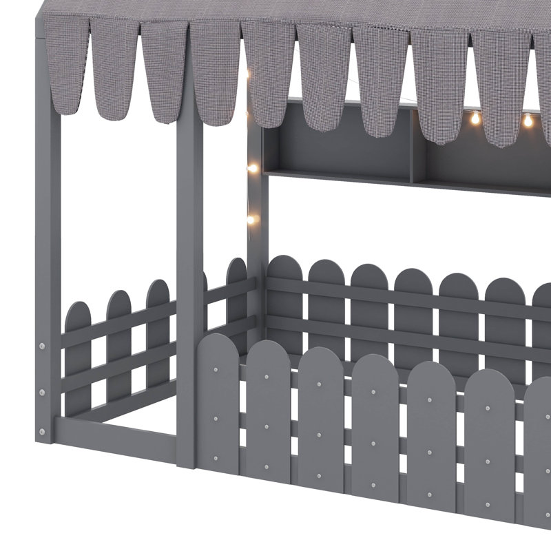 Lit pour enfants de style Montessori, avec barrière de sécurité, auvent, éclairage et trois compartiments de rangement, Twin