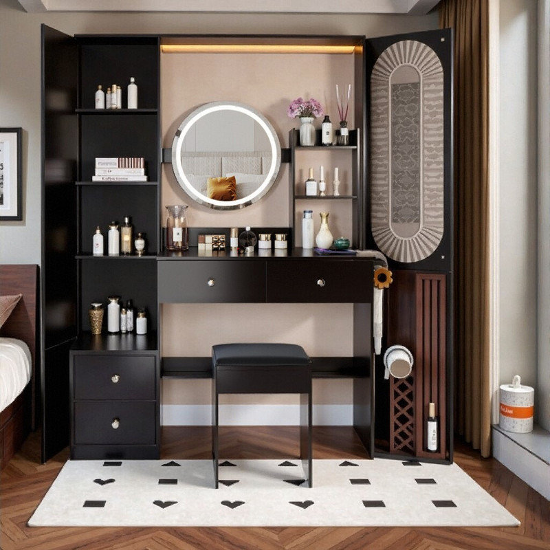 63 Inch Full Body Mirror Vanity Set with Power Station, LED Dressing Table with 4-Port Charging and Stool, Black