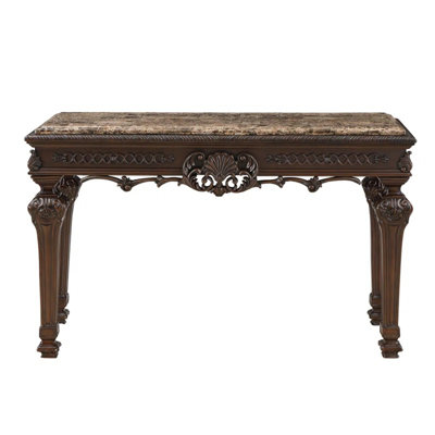 Solid Wood Traditional Console Table With Marble Top, Hand Carved Living Room Entryway Table, Cherry