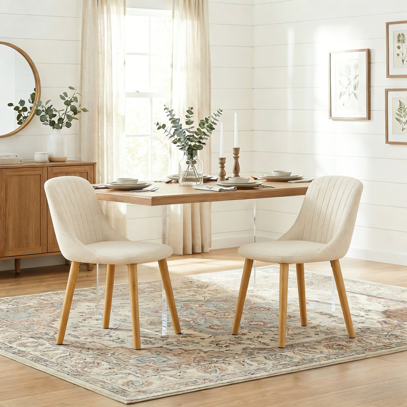 Velvet Dining Chairs With Wooden Legs Set Of 4, Cream Chenille/Natural, 2