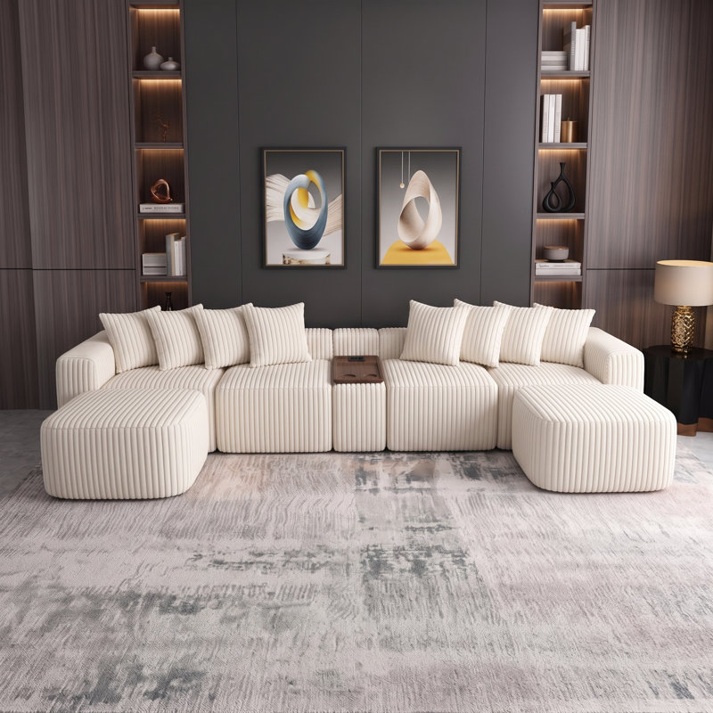 Canapé modulaire en U de 137,5 po avec chargement USB et sans fil, table basse avec porte-gobelets, repose-pieds mobile, disposition personnalisable