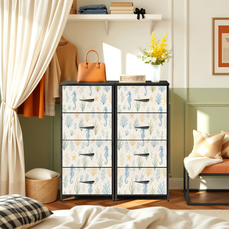 Commode de rangement verticale 4 tiroirs dessinés à la main sans couture avec hippocampes en bois