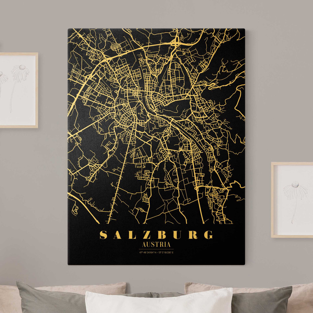 Leinwandbild Stadtplan Salzburg - Klassik Schwarz