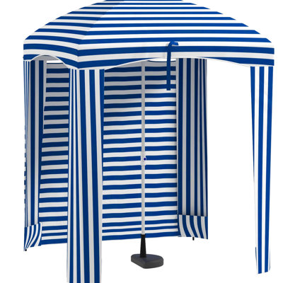 Abri de plage portatif avec parasol - 1,80 m x 1,80 m, rayures bleues, protection solaire, aérations, sacs de sable, sac de transport.