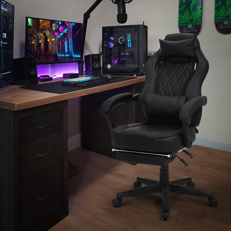 Reclining Computer Chair with Footrest & Detachable Lumbar Support 360 Degree Swivel, Black