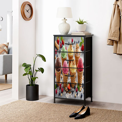 Dresser for Bedroom Dresser for Closet Colorful Ice Cream Dessert Food 3D Home Decor Party Scoops Waffle Dressers & Chests of Drawers Fabric Closet Organizers and Storage with 4 Drawers Storage Bins