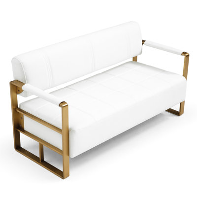 Revêtement moderne en simili cuir reconstitué pour le salon, canapé 2 places avec accoudoirs en métal doré, blanc et chambre confortable - l 57,9 po, ameublement pour petits espaces