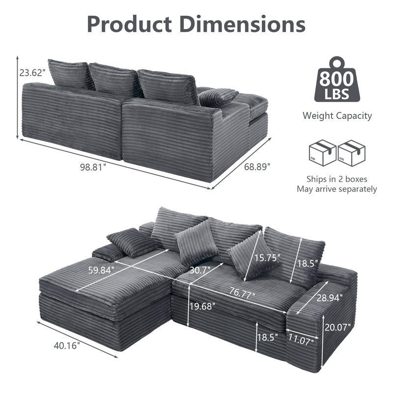 Ensemble de canapé modulaire en forme de L Boneless, 2 pièces sans combinaison ni installation, Gris