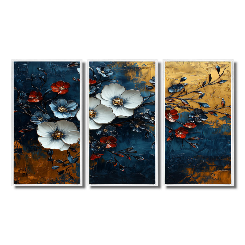«White and Blue Poppies Venetian Vibrance I», ensemble d'art mural coquelicots, Toile encadrée flottée blanche