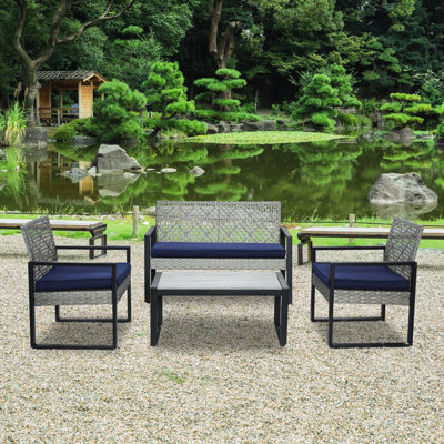 Outdoor 4 - Piece Furniture Featuring Grey , Blue Cushions And Wood Table, American Design, For Lawn Garden Patio With Sectional Balcony Porch