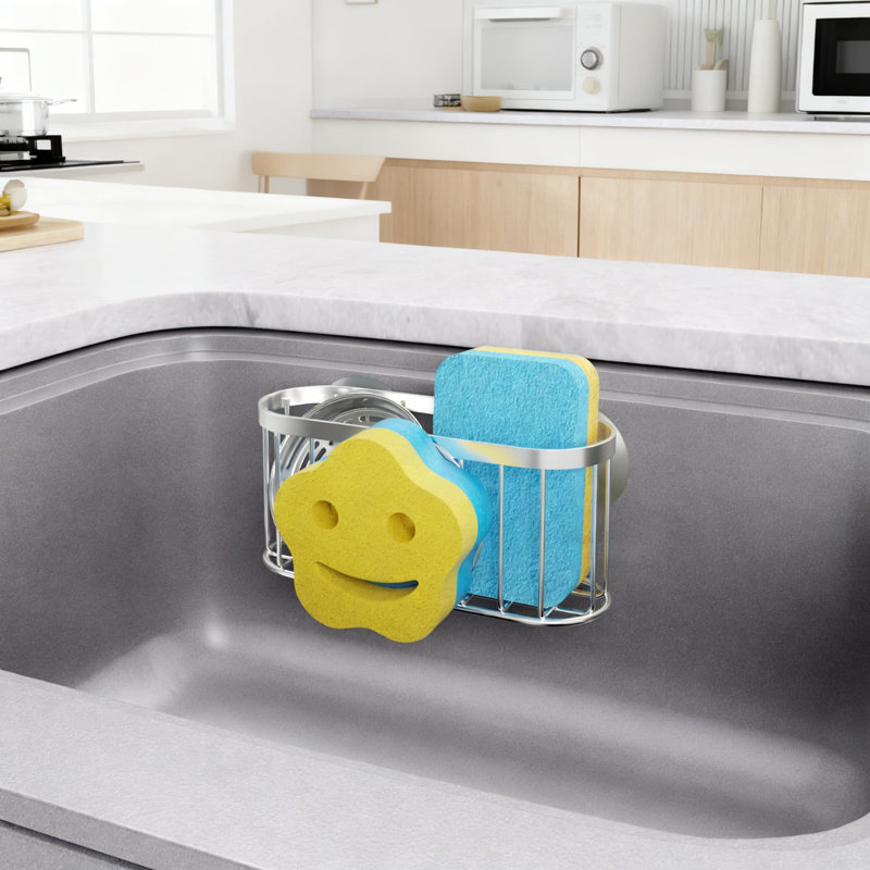 Porte-éponge de chariot d'évier avec conception de visage souriant, 2 méthodes d'installation d'organisateur d'évier de cuisine, chariot de cuisine en acier inoxydable avec drainage rapide pour le rangement de l'éponge et de la brosse